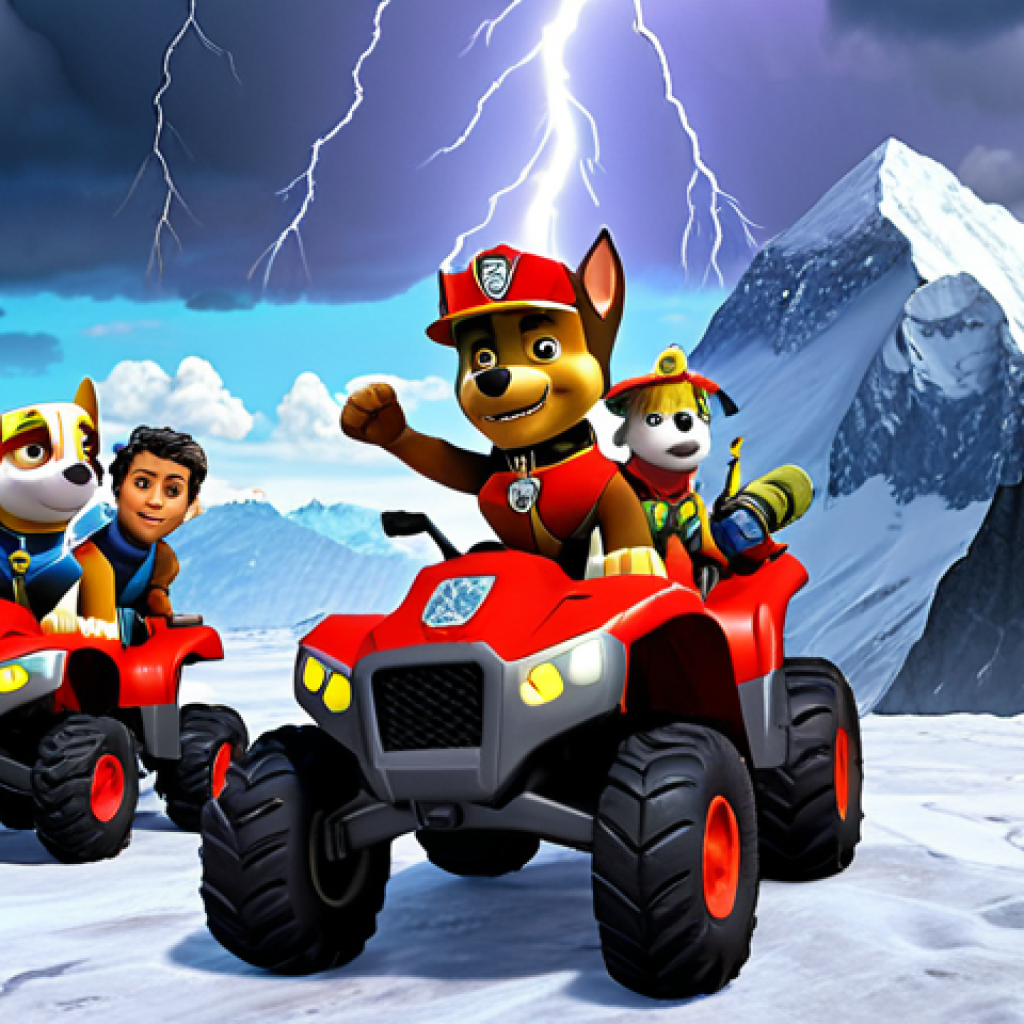 **Image Prompt:** A dynamic scene depicting the Paw Patrol team (Chase, Marshall, Skye, Rubble, Rocky, Zuma, Everest) using their specialized vehicles and gadgets to solve a weather-related crisis in Adventure Bay.  Show extreme weather like a localized storm cloud with lightning, but the pups are working together efficiently. Focus on teamwork and problem-solving. Include Ryder on his ATV coordinating the rescue. Make it look like a screenshot from the show, vibrant and colorful.