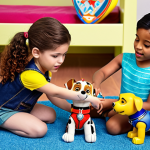 ** A group of diverse children playing together, one offering a toy to another, with Paw Patrol toys scattered around. Focus on teamwork and kindness.

**