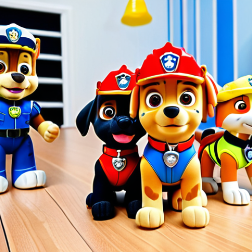 **

Interactive Paw Patrol figures responding to voice commands. The scene should be a bright, modern children's playroom, with other Paw Patrol toys visible in the background. Focus on the figures' expressions and interactive elements (lights, sounds). Perhaps a child is interacting with the toy.

**