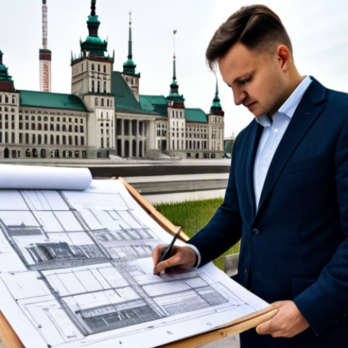 Home 23 **
"A professional architect, fully clothed in appropriate attire, reviewing blueprints on a construction site in Warsaw, Poland, with the Palace of Culture and Science visible in the background. Safe for work, perfect anatomy, correct proportions, natural pose, professional photography, high quality, modest clothing."
**