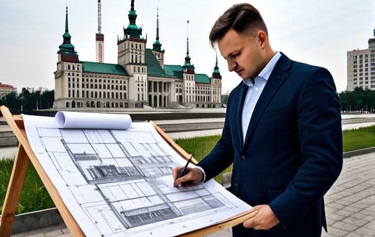 **
"A professional architect, fully clothed in appropriate attire, reviewing blueprints on a construction site in Warsaw, Poland, with the Palace of Culture and Science visible in the background. Safe for work, perfect anatomy, correct proportions, natural pose, professional photography, high quality, modest clothing."
**