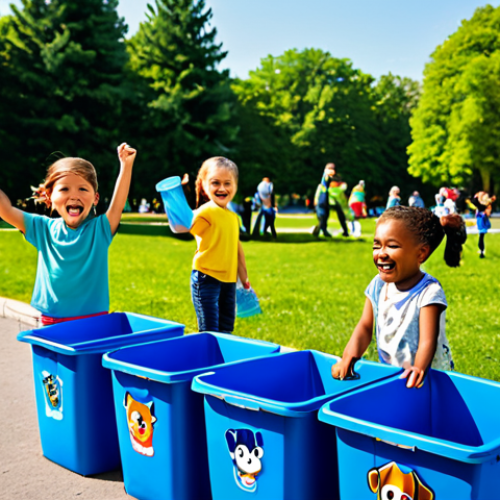Home 22 **
"A group of diverse children in fully clothed, appropriate attire are enthusiastically sorting recyclable materials into color-coded bins in a bright, sunny Polish park. Paw Patrol characters (Chase, Skye, and Rubble) are visible in the background, cheering them on. Focus on the children's happy expressions and the colorful recycling bins. Safe for work, family-friendly, perfect anatomy, correct proportions, professional illustration, high quality, modest clothing, appropriate content."
**